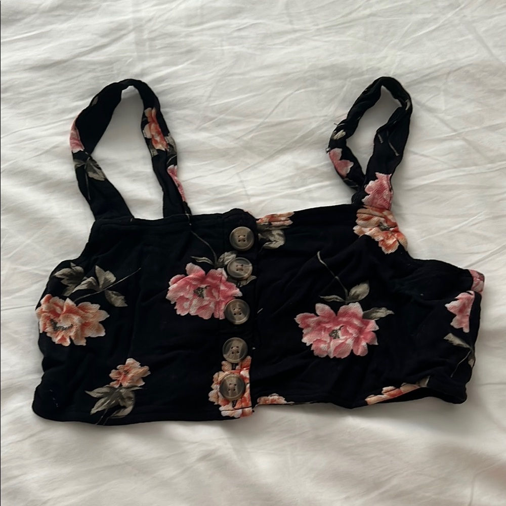American Eagle Outfitters Floral Black and Pink Fitted Crop Tank Top